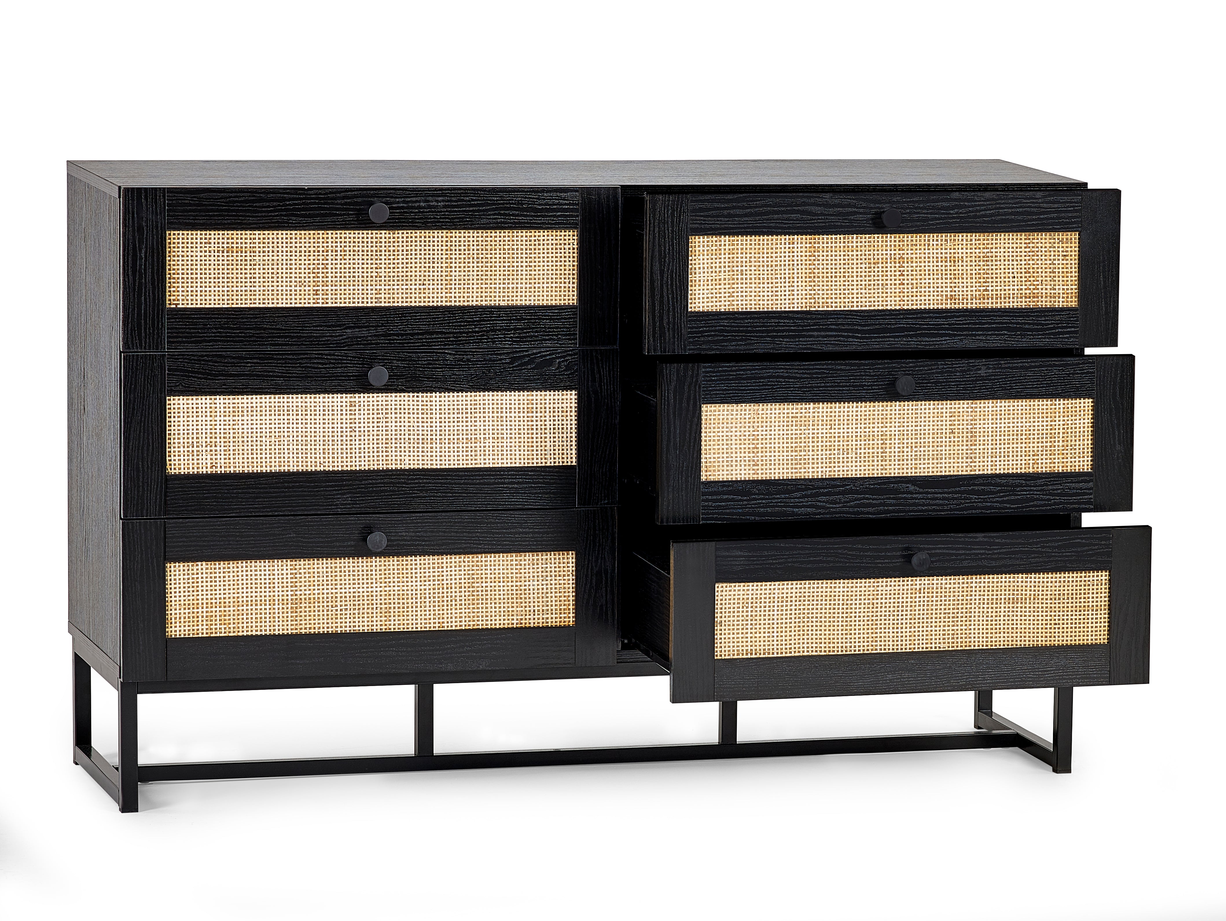 Clermont Black Oak Wood & Rattan Chest of Drawers | 6 Drawers